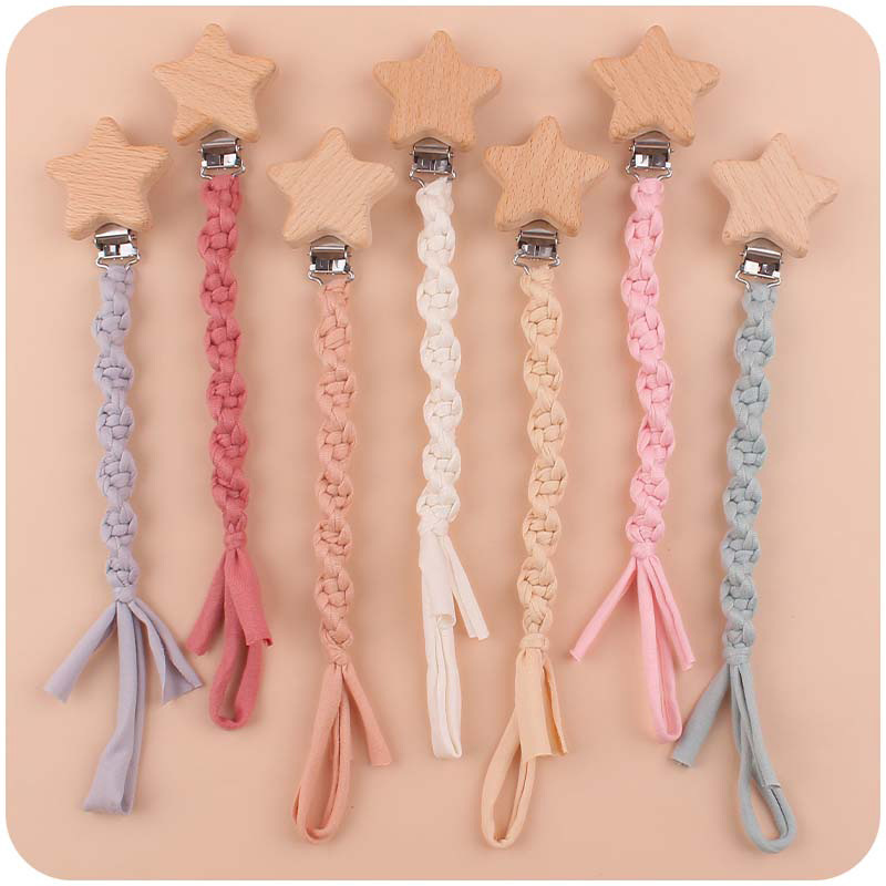 Baby Beech Wood Pentagram Pacifier Clip Handmade Woven Cotton Soother Nipple Chain For Baby Nursing Teether Chewing Toys Gift