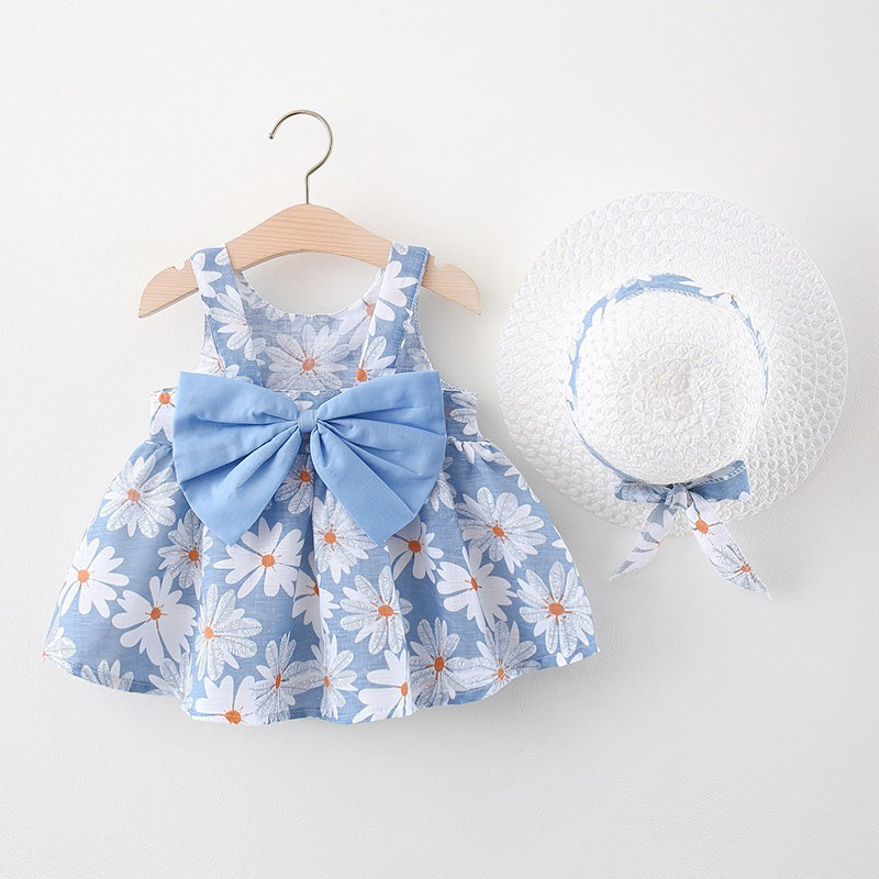 Sommer Neue Mädchen Mode Kleid Kleine Chrysantheme Hängen Strap Großen Bogen Prinzessin Kleid Party Kleid 0-3 Jahre alt