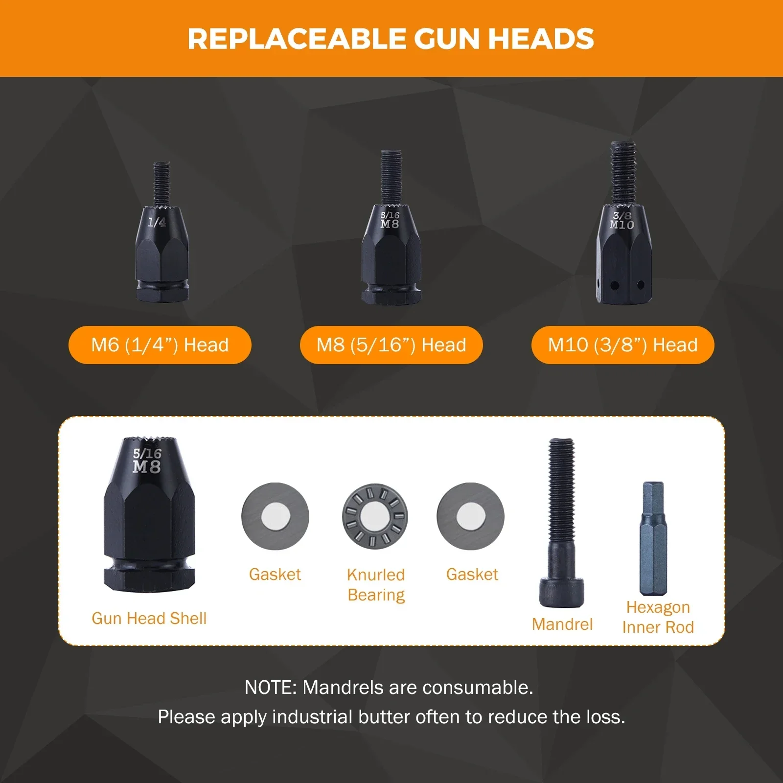 นิวเมติก Rivet NUT ปืน M8 M10 Self-Locking หัวปืนเปลี่ยน Mandrels เกรดอุตสาหกรรมปรับความเร็ว Air Rivnut ปืน