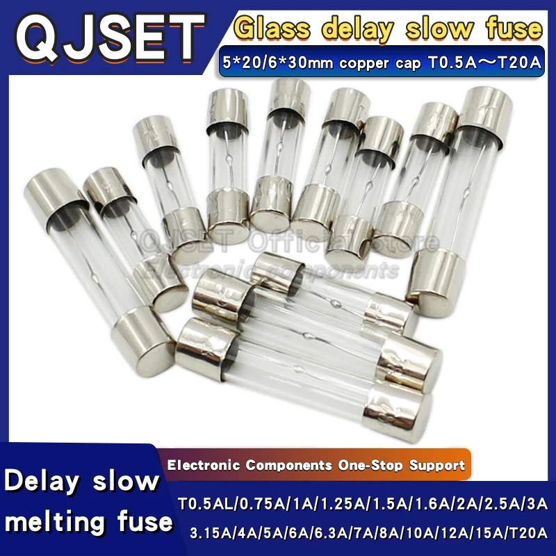 20 piezas 6x30mm/5*20mm tubo fusible de retardo de vidrio de fusión lenta T0.5A 0.75A 1A 1.25A 1.5A 2A 2.5A 3.15A 4A 6.3A 7A 8A 10A 12A15A ​ 20A 250V