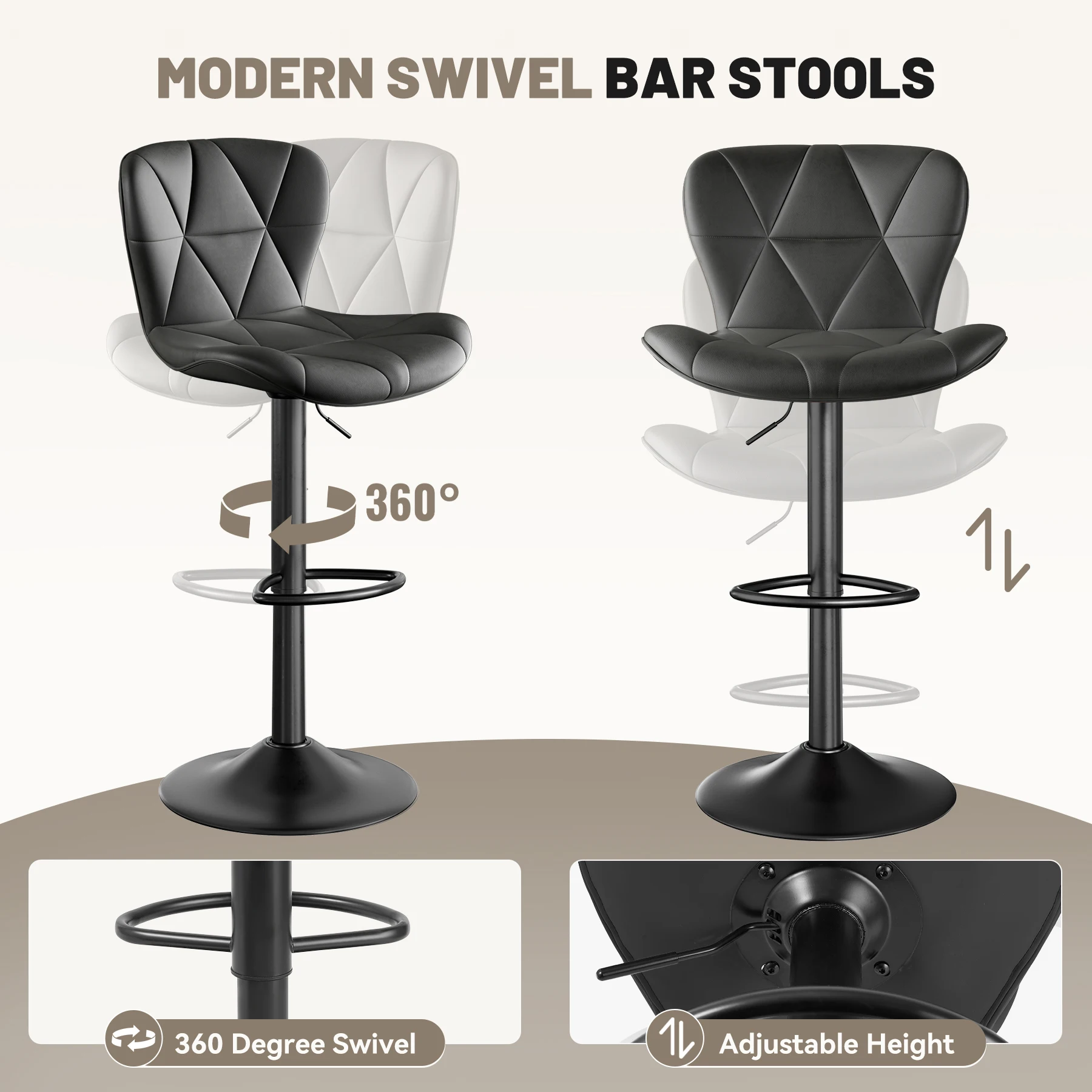 2 Pcs Bar Chair, 360 ° Rotation Adjustable Height, Faux Leather Upholstered with Backrest, Bar Furniture, for Dining Room, Kitchen