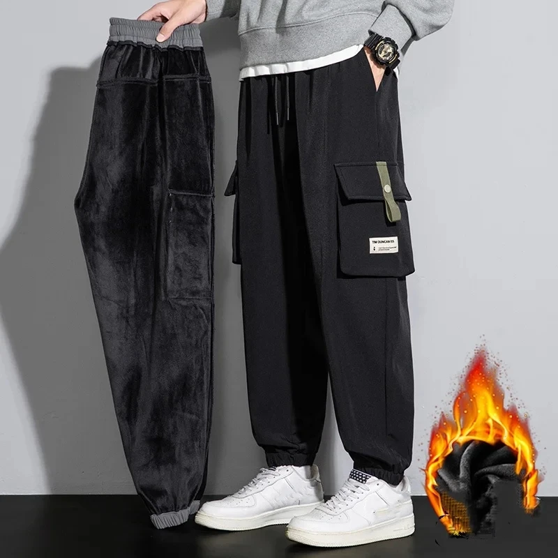 メンズy2kヴィンテージバギーパンツ、厚手と暖かい、フリースカーゴアンクル丈、ジョギング、ハーレムパンツ、特大、冬、2023