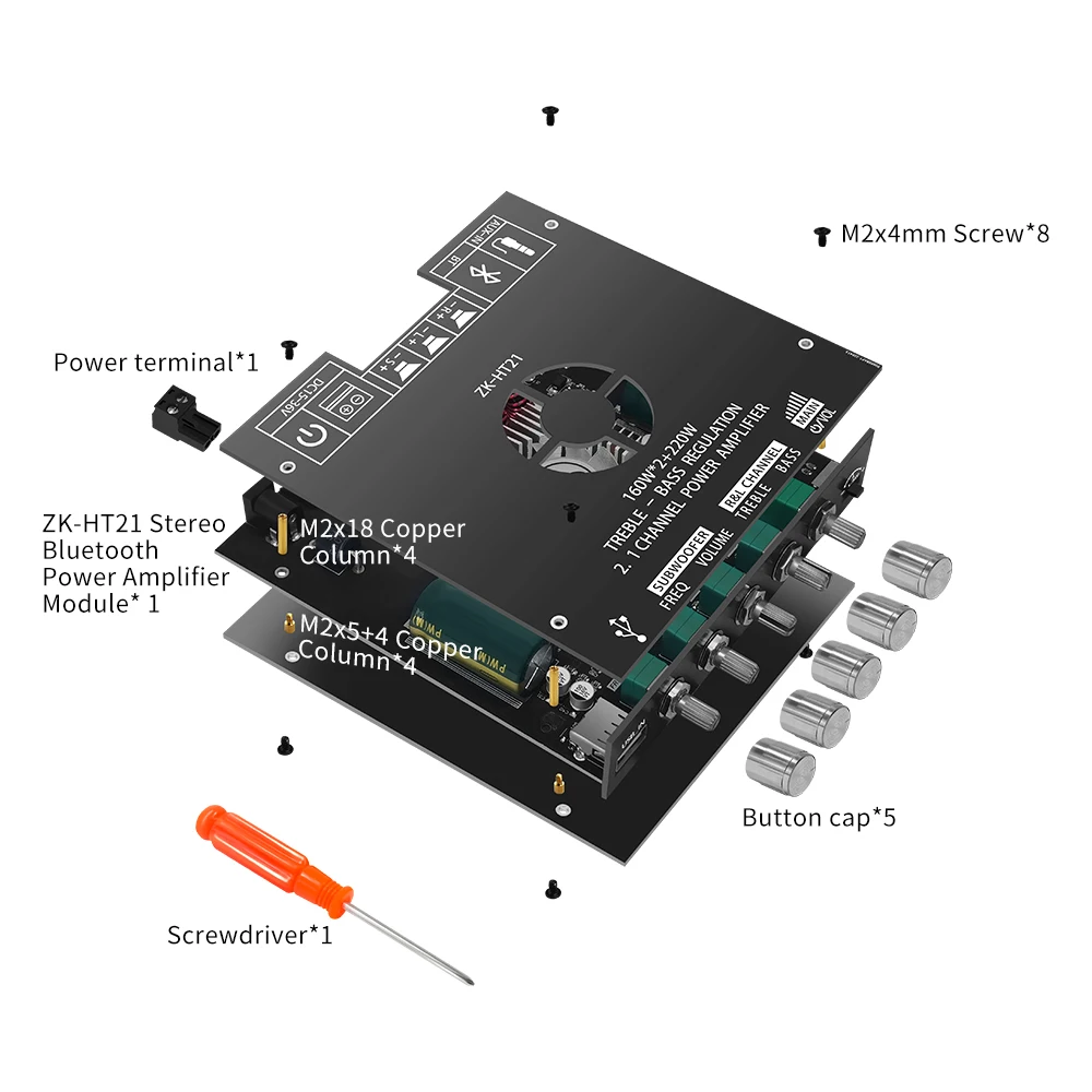 Módulo de placa amplificadora de potência digital bluetooth tda7498e160w + 160w + 220w amplificador subwoofer de tom alto e baixo aux/usb ZK-HT21