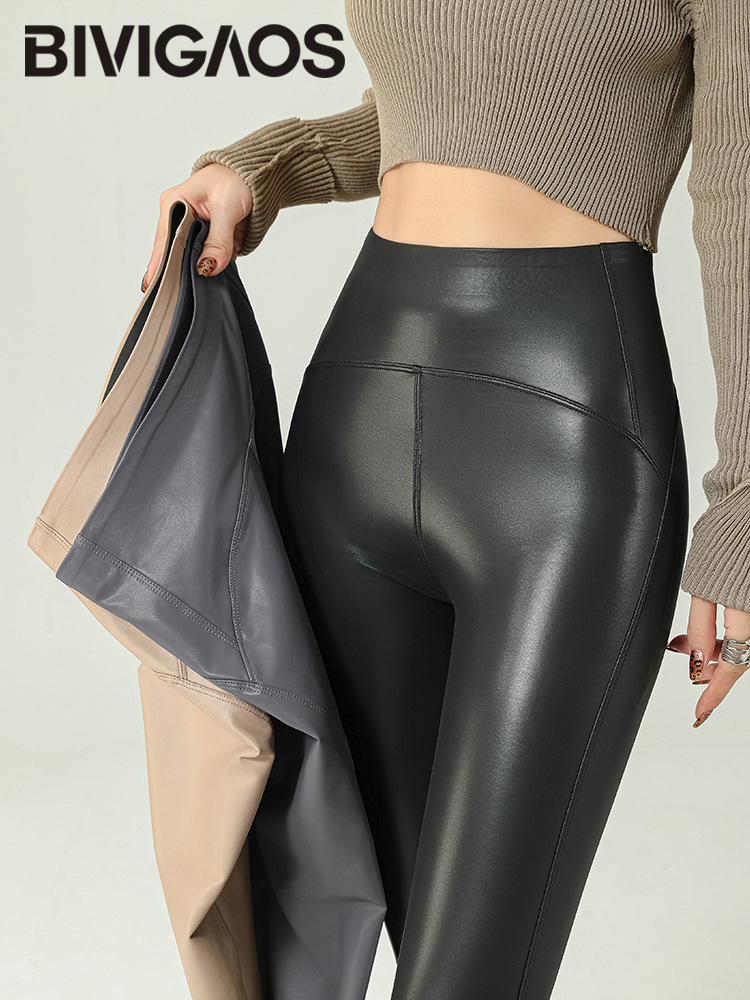 BIVIGAOS 2024 Otoño Invierno de alta calidad de lana PU Leggings de cuero mujeres de cintura alta elevación de cadera apretado Sexy de cuero sintético Leggings cálidos