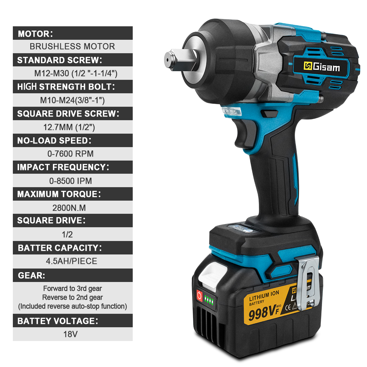 Gami 2800N.M Torque Brushless Elettrico Avvitatore a percussione 1/2 pollici Cacciavite Cordless Chiave Strumento di Potere Per Makita 18V Batteria Spille