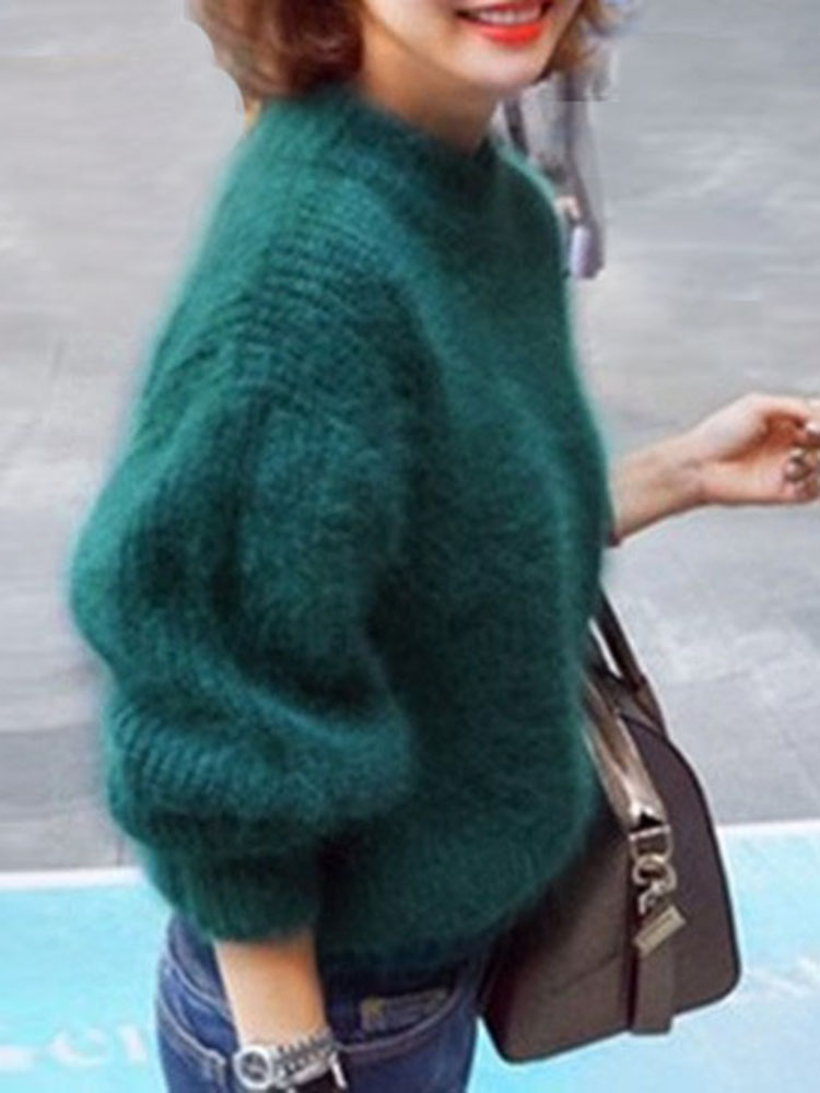 Weiß Mohair Verdicken Rollkragenpullover Herbst Winter Süße Mode Laterne Hülse Casual Einfarbig Pullover pull femme