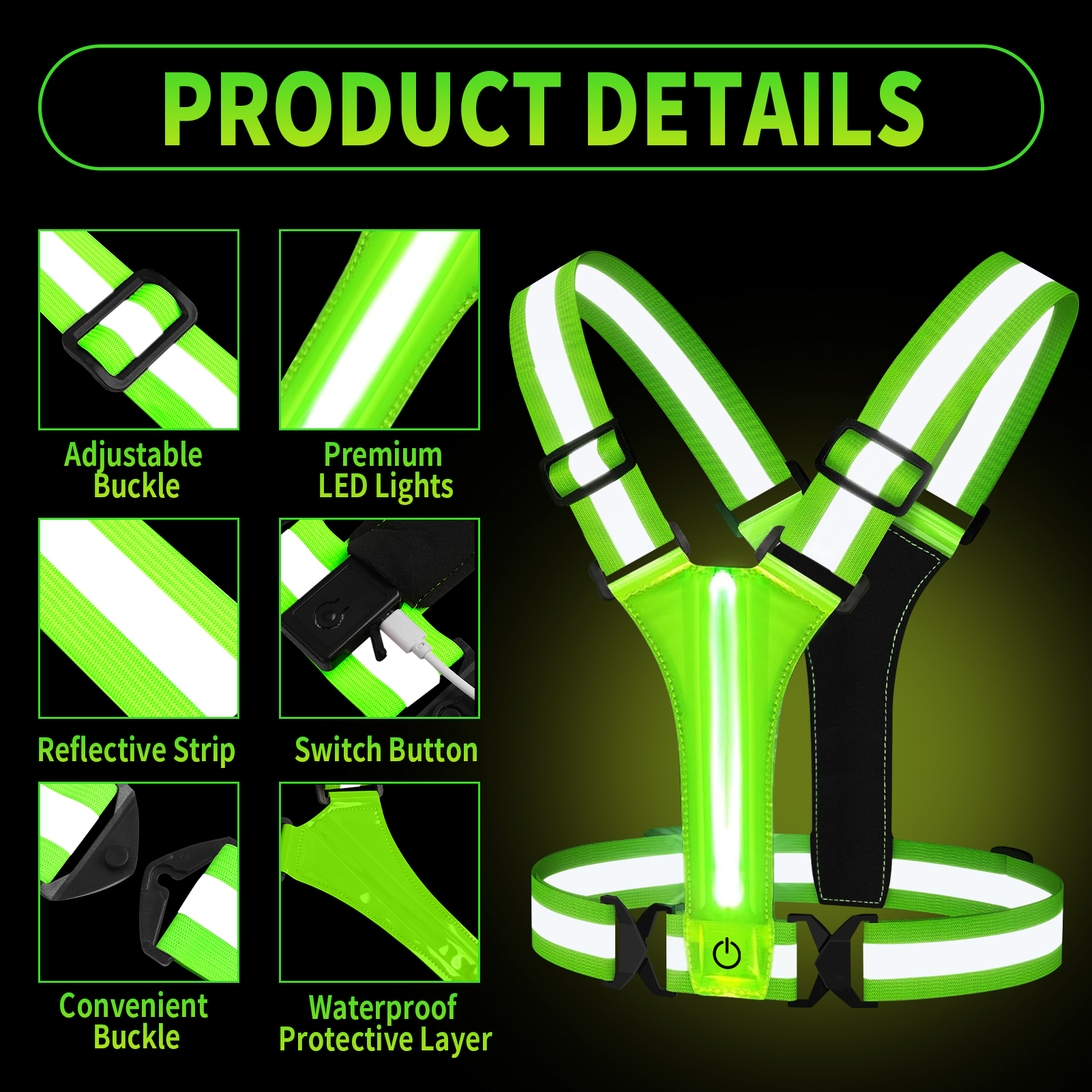 LED Running Vest USB Rechargeable Reflective Glowing Reflector Straps High Visibility Night Running Riding Clothing Elastic Band