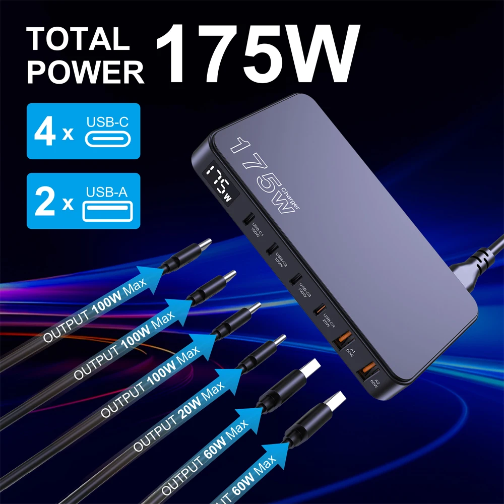 Ueetop 175 W GaN USB C Ladegerät LED-Anzeige 6-Port-Desktop-Ladegerät Typ C PD 100 W PPS 45 W Schnellladung für MacBook Samsung iPhone