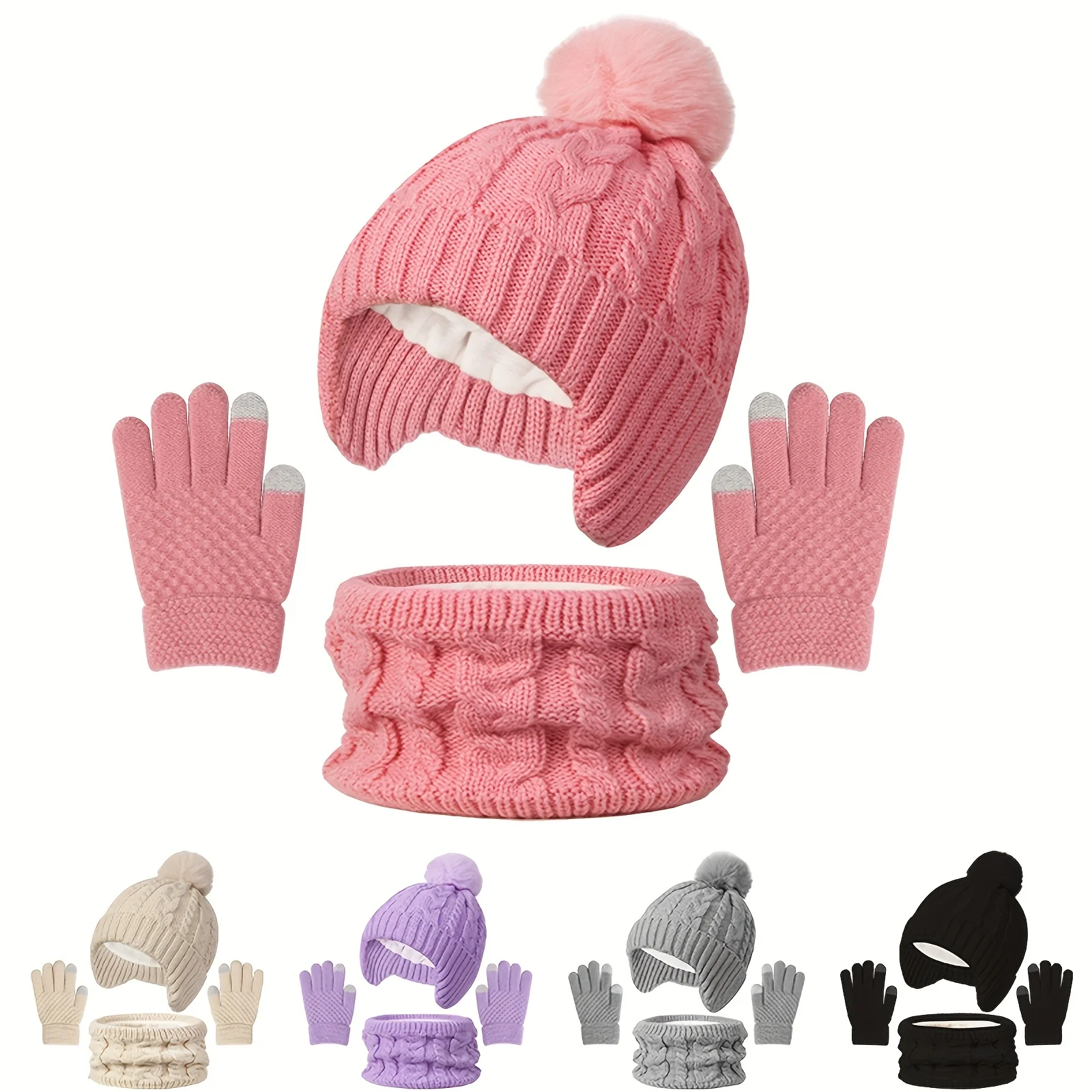 Un set di 3 cappelli, sciarpe e guanti invernali per bambini, un set caldo in tre pezzi, cappello elastico caldo lavorato a maglia tinta unita, scaldacollo e guanti per ragazzi e ragazze dai 3 ai 8 anni