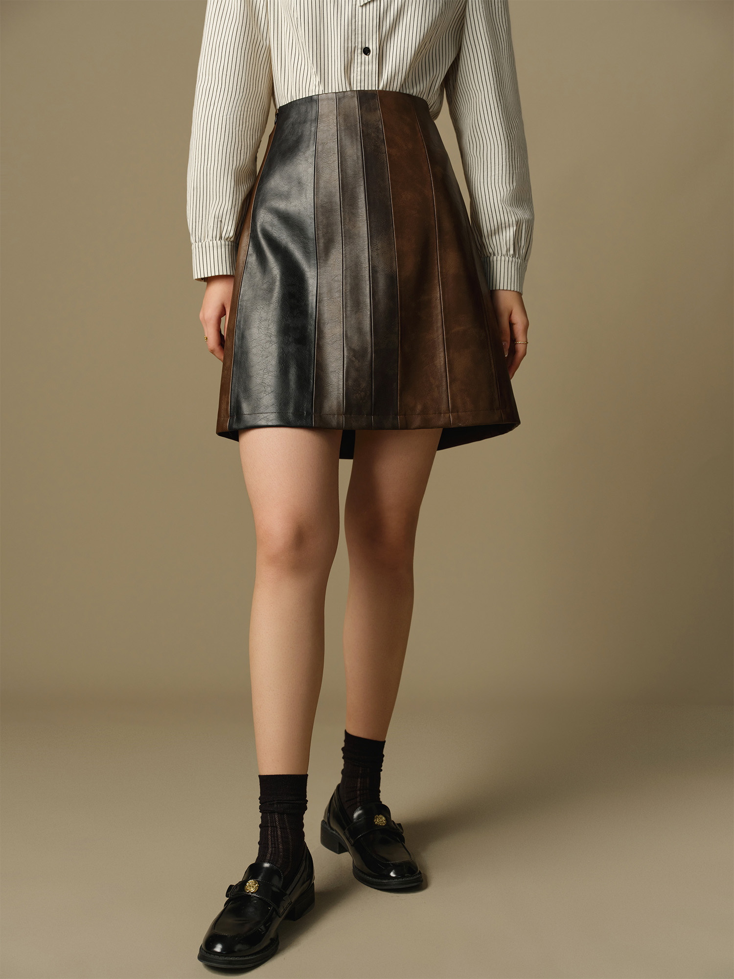 DUSHU Frauen PU Leder Über-Knie Länge Röcke Patchwork Design Weibliche Winter Braun A-LINE Rock Polyurethan Rock 24DS84535