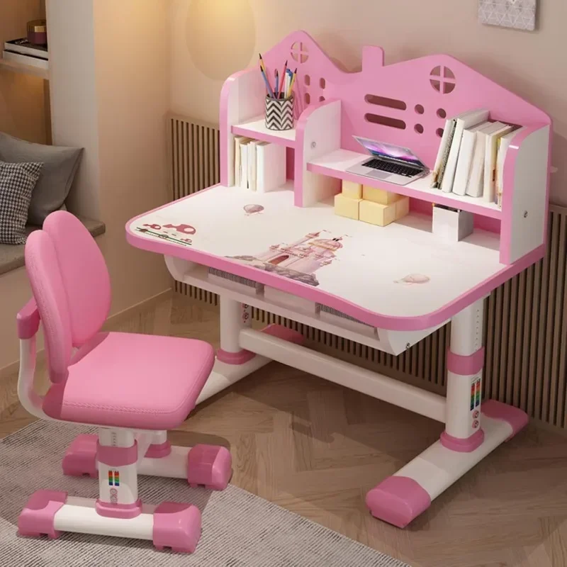Set di sedie da scrivania per bambini Tavolo da studio ad altezza regolabile con castello di cartoni animati multi separazione da tavolo allargato con set di sedie a cassetto Ragazzo Ragazza