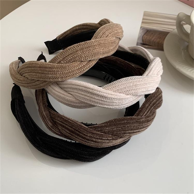 Novo simples borda lateral larga tecido faixa de cabelo moda feminina coreano retro trançado bandana nó sólido argola meninas acessórios para o cabelo