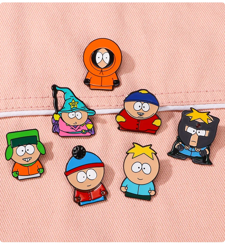 Emblemas de alfinetes com tema do parque sul em quadrinhos com o adorável personagem de desenho animado perfeito para acessórios de bolsa de anime emblemas de roupas