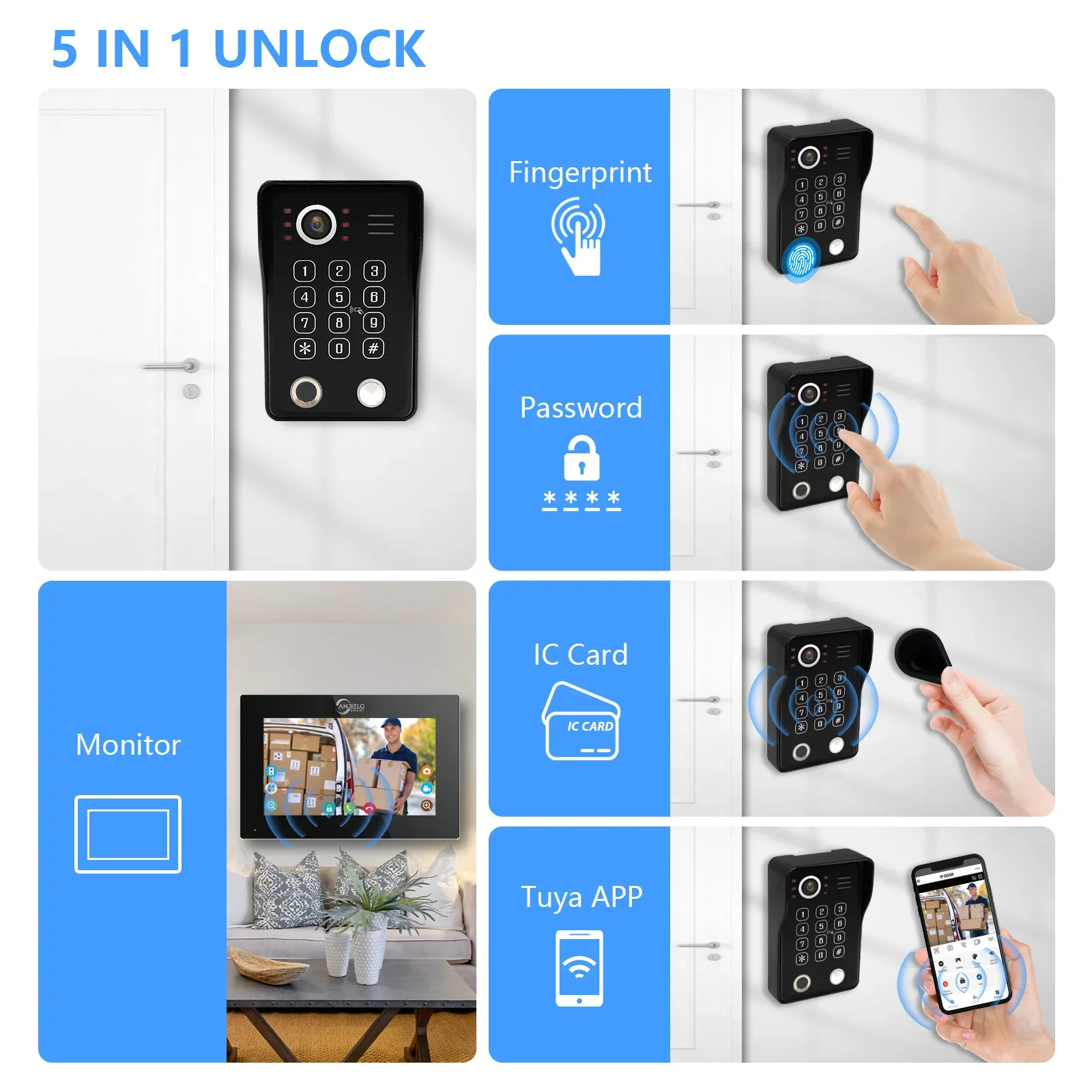 Sistema de videoportero para el hogar, huella dactilar 5 en 1, desbloqueo, videoportero, Tuya Smart, 1080P, táctil, Wifi, monitor, timbre