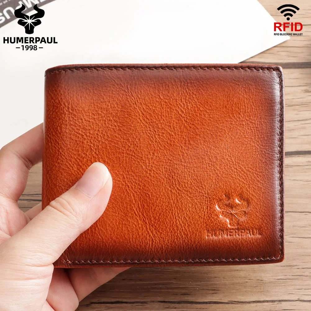 Cartera HUMERPAUL para hombre de cuero genuino con bloqueo RFID plegable elegante tarjetero con ventana de identificación monedero clásico para hombre