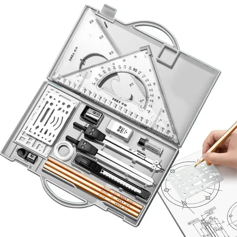 Kit de dibujo, juego de herramientas de dibujo geométrico, regla triangular, brújula, transportador, suministros de dibujo, lápices de dibujo de arquitectura