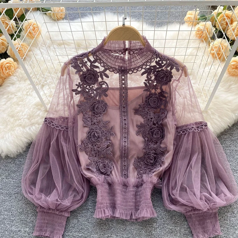 Verão elegante blusas de renda estilo coreano roupas femininas casual manga longa topos blusas femininas elegante estilosa y338