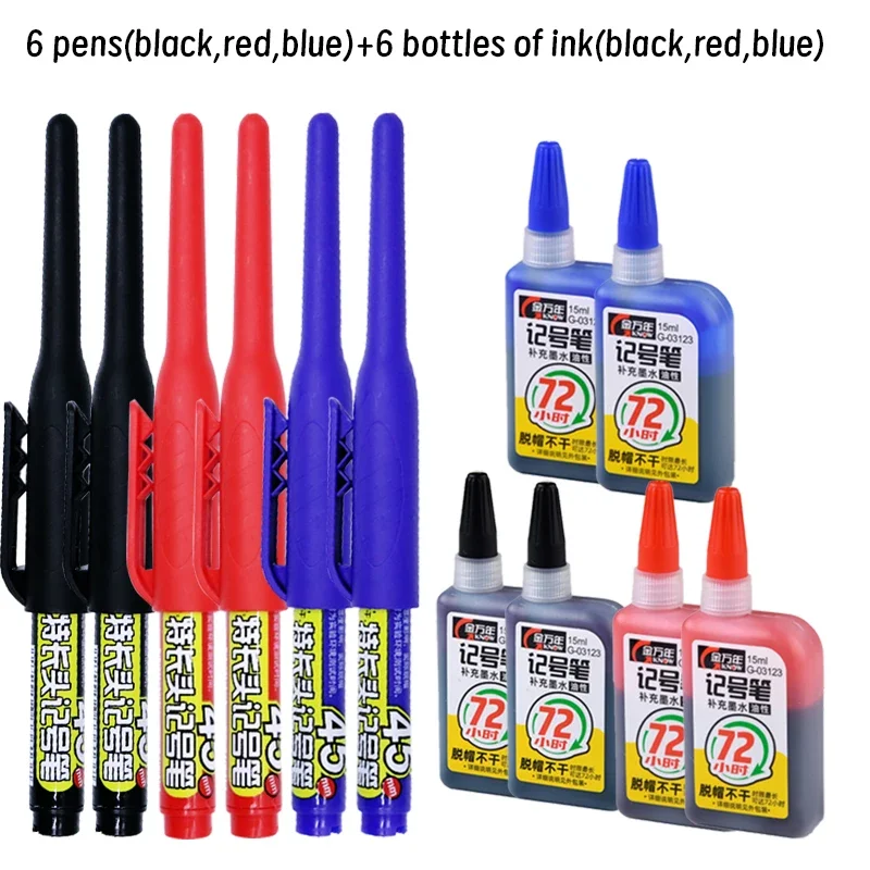 Lote 45mm à prova dwaterproof água cabeça longa nib buraco profundo marcadores caneta telha carpinteiro caneta multiuso para trabalhar madeira tinta preta/azul/vermelha