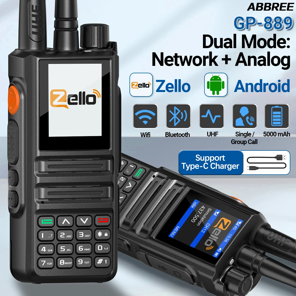 ABBREE GP-889 Walkie Talkie Dual Mode POC Netzwerk Radio ZELLO Global UHF Bluetooth WIFI Android 2/3/4G Typ-C Amateurfunk Jagd