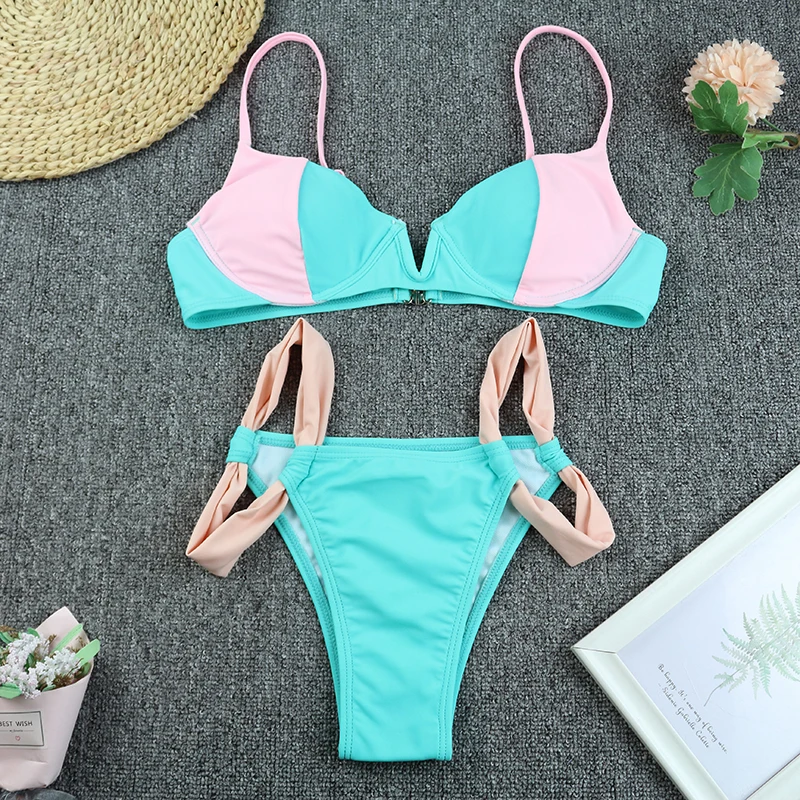 Bikini 2024, sexy Push-Up, kleiner V-Ausschnitt, Patchwork-Bademode, Badeanzug, Damen-Bikini-Set, Badeanzug, Strand-Bikini, weibliche Bañadores
