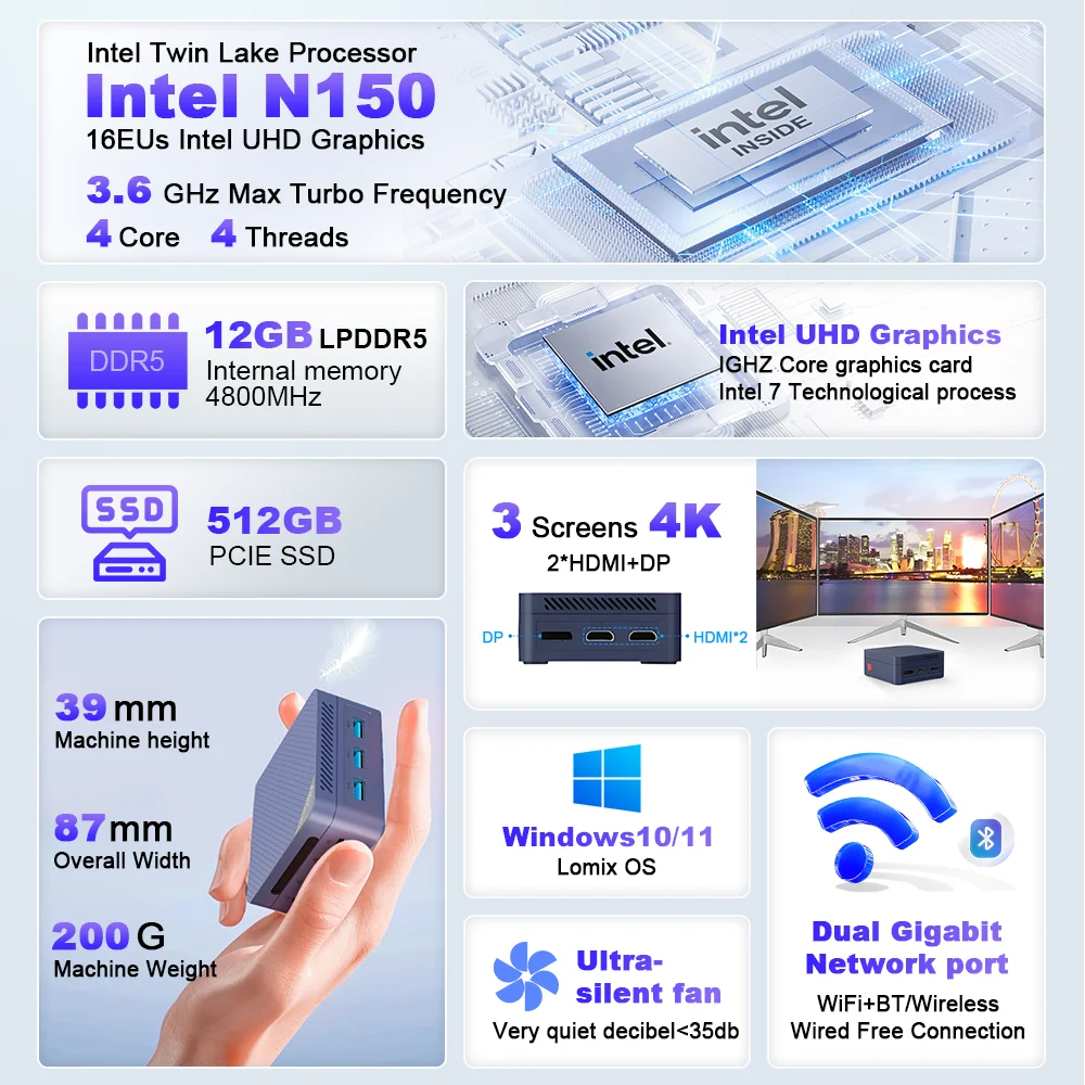 Ninkear G2 Pro Mini-PC Mini-Computer Intel N150 bis zu 3,6 GHz 12 GB DDR5 512 GB M.2 SSD Win11 Pro Desktop-Computer Mini-Desktop-PC