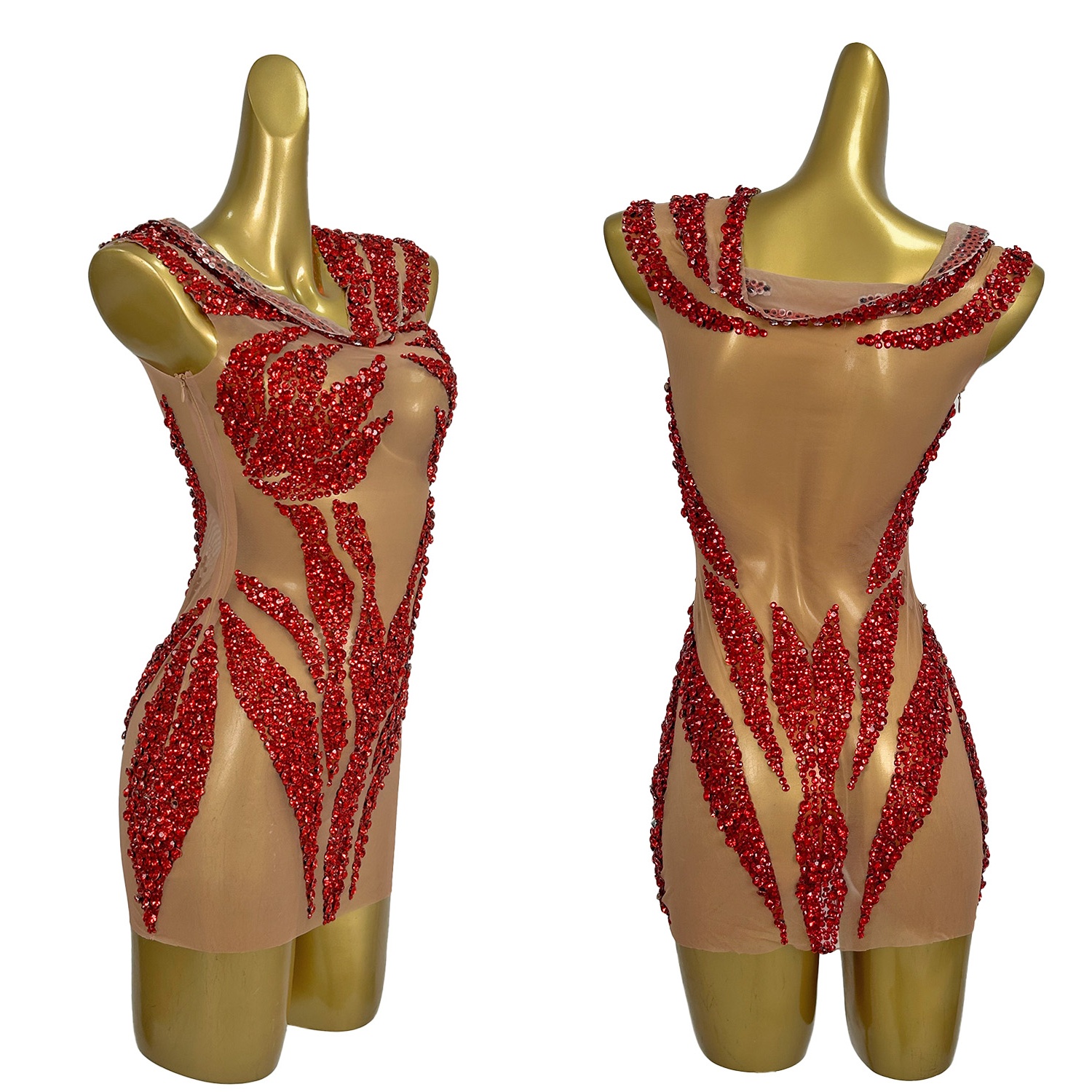 Sparkly Rode Steentjes Korte Jurken Vrouwen Sexy Mouwloze See Through Party Vieren Verjaardag Jurk Fotoshoot Dragen Xuelian