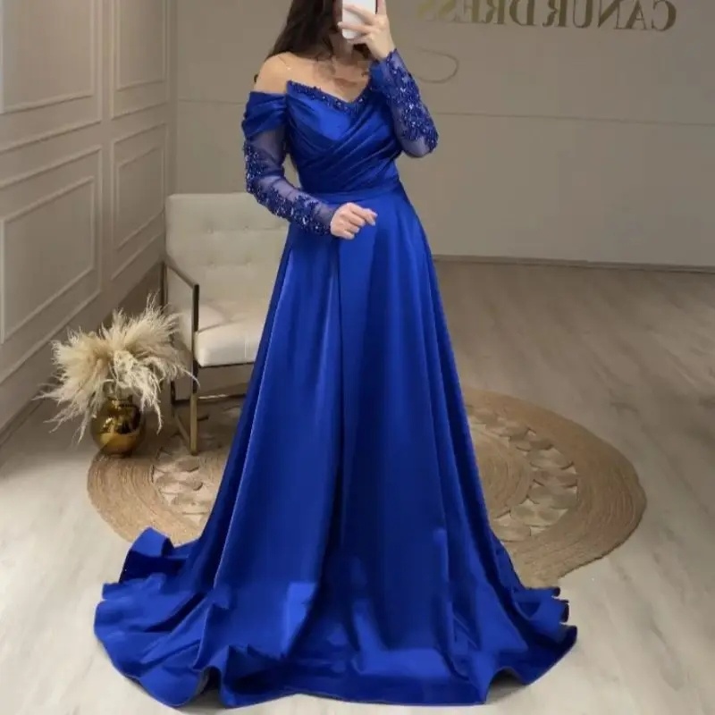 Blue Off Shoulder Evening Dress Wedding Party Application Long sleeved Elegant A-line Ball Formal Dress Customization