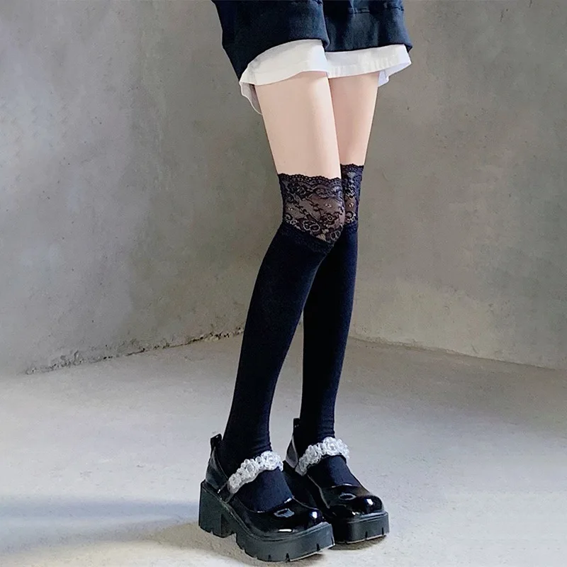 Calcetines Mujer Otoño/Invierno Color sólido muslo alto encaje lindo Lolita medias gruesas cálidas negro blanco calcetines de pierna larga para mujer