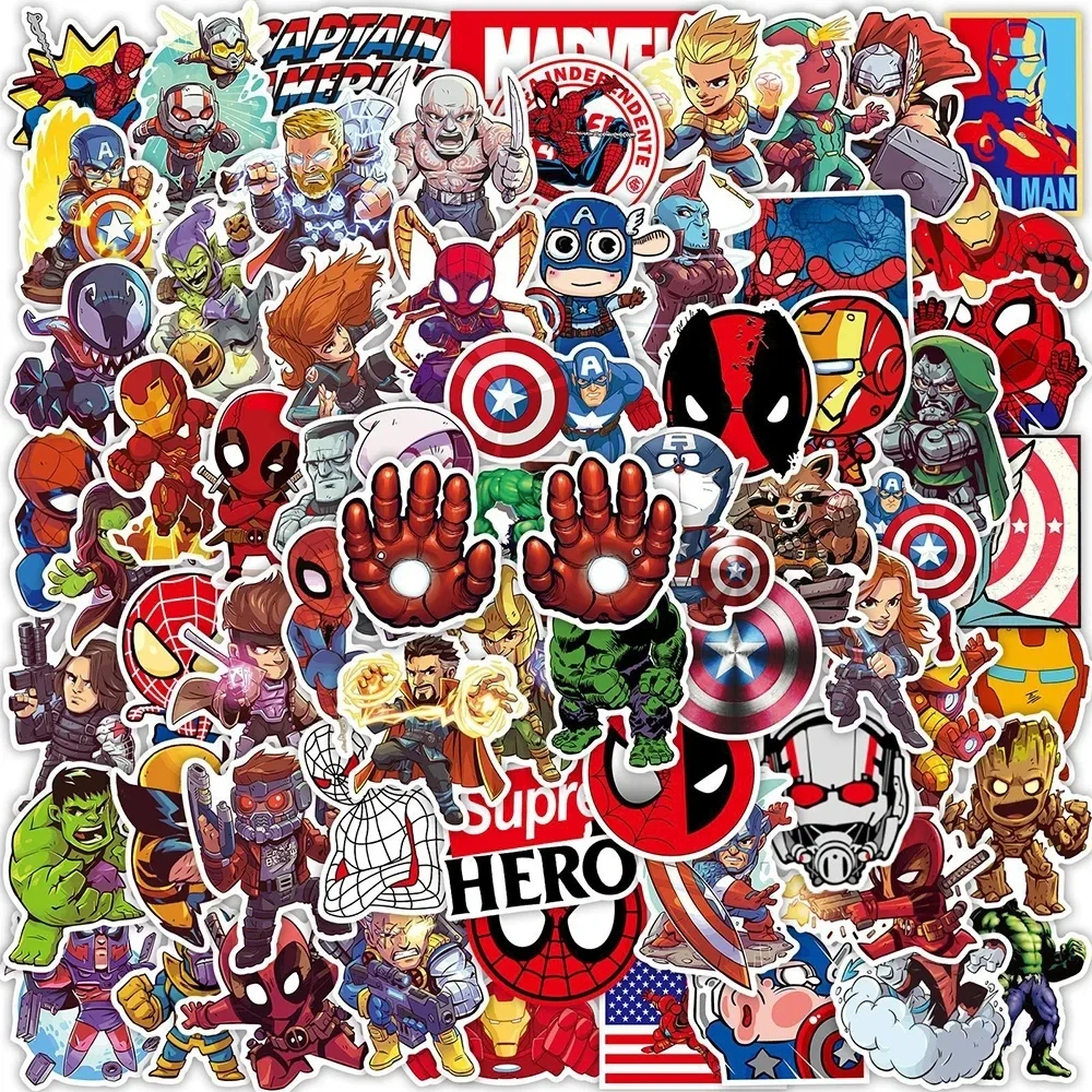 50/100/200 Uds. Marvel lindo Anime Los Vengadores pegatinas superhéroe portátil monopatín motocicleta pegatina impermeable juguetes para niños