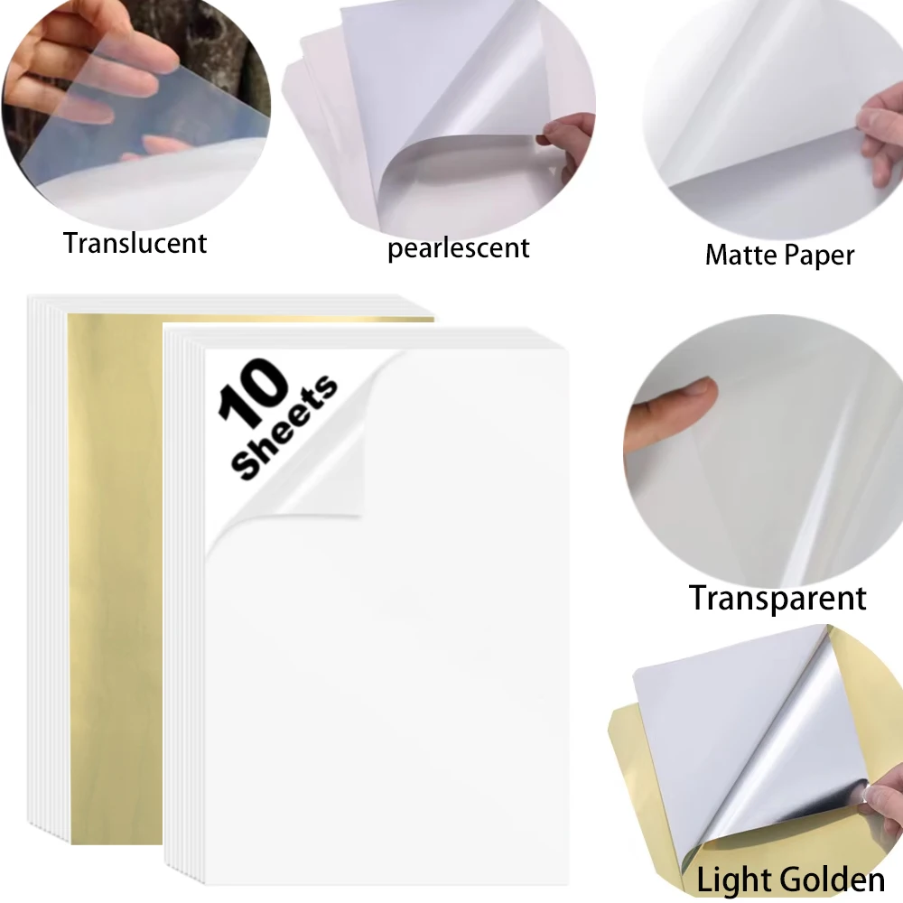 10 fogli di carta adesiva in vinile impermeabile trasparente/traslucido per etichette adesive A4 perlescenti/opache/dorate per stampante a getto d'inchiostro