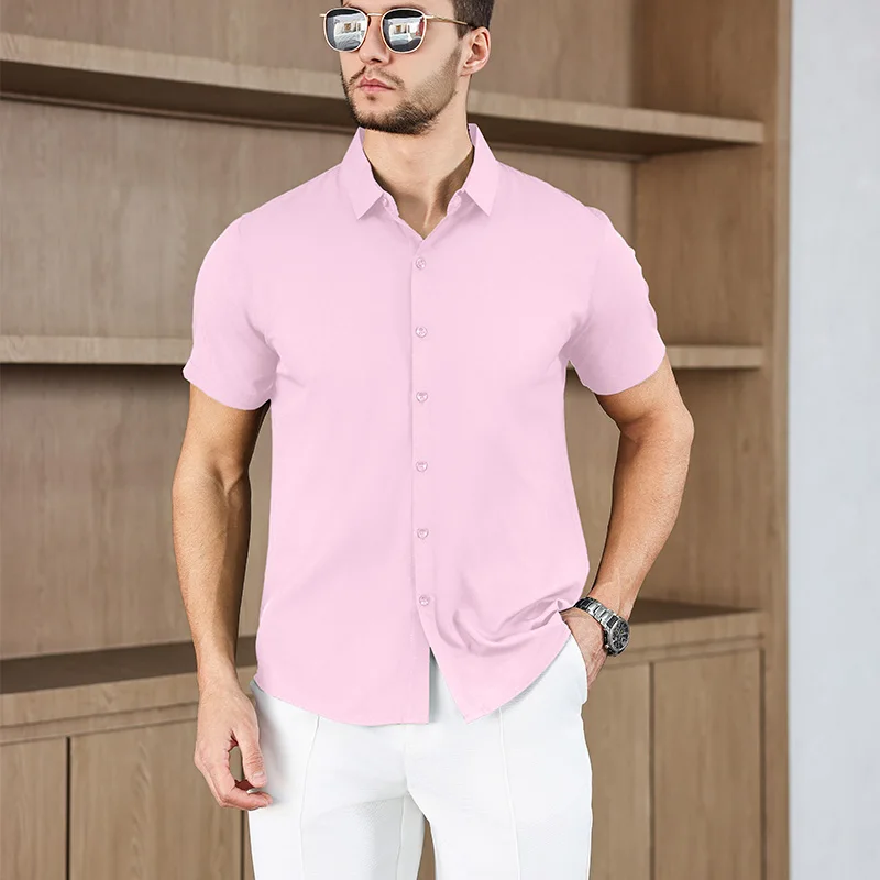New Men's Business Casual Solid Color Short Sleeved Shirt for Summer Fashion No Ironing Comfortable and Versatile Top