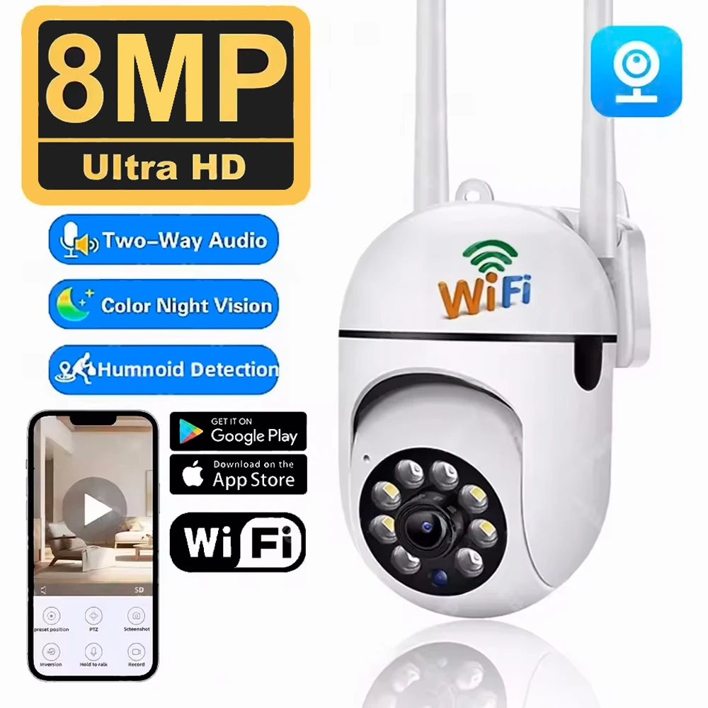 Telecamera di sorveglianza di sicurezza esterna IP wireless da 8 MP PTZ con zoom 4X AI Monitoraggio umano Audio bidirezionale Visione notturna HD a colori