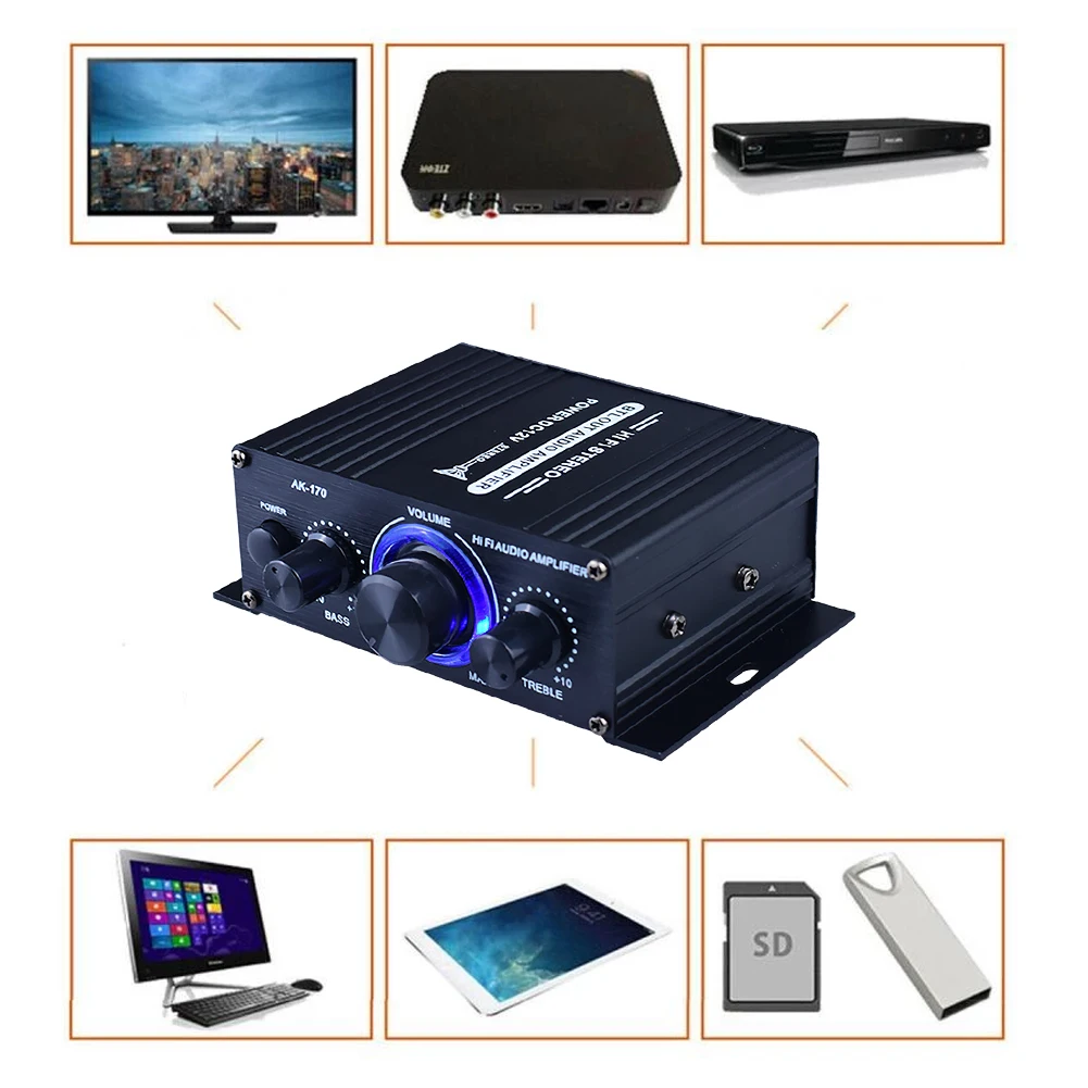 AK-170 Mini HiFi Stereo Audio Amplifier Bluetooth LED 200W+200W 12V Dual Channel Power Home Car Amp with RCA Input Amplificador