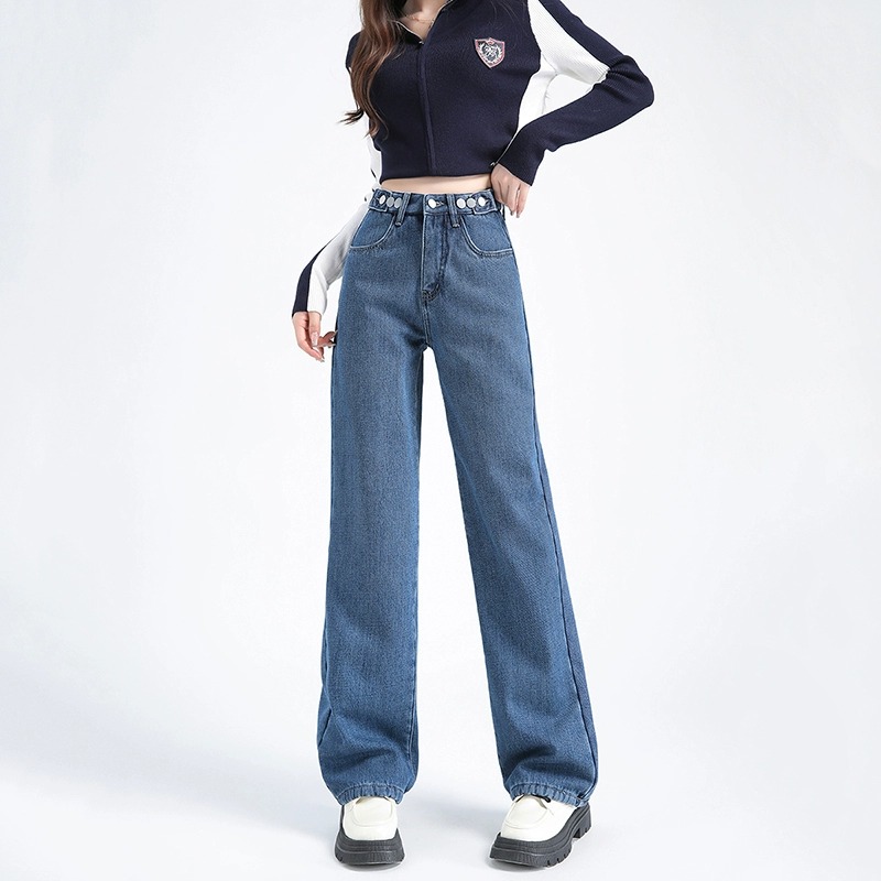 하이웨이스트 와이드 레그 청바지 데님 팬츠 봄여름 신상 레트로 여성용 외출용 루즈핏 스트레이트 긴 바지 청바지 데님 팬츠