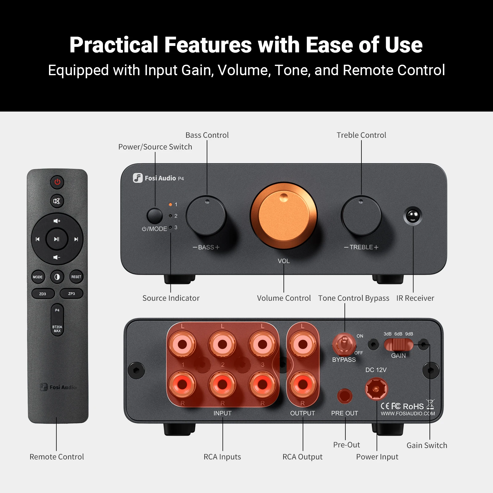 Fosi Audio P4 HiFi Preamplifier: 3 RCA Inputs, EQ/Bypass, Swappable Op-Amps, Treble & Bass Tone Control For Audiophile Systems