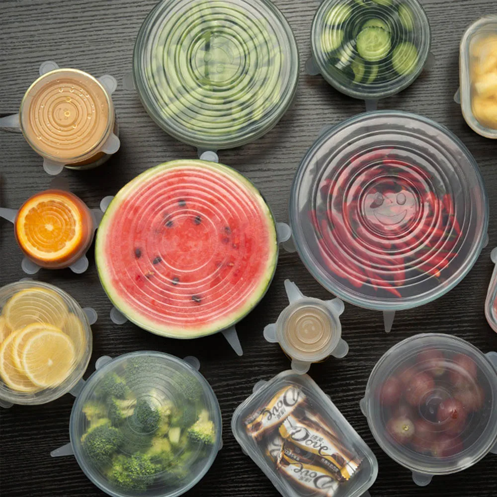 Tapas de silicona reutilizables, tapas de silicona adaptables para latas, platos de comida, accesorios de cocina para mantenimiento fresco, utensilios, 6 uds.