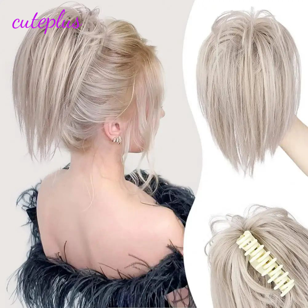 Extensões de cabelo de rabo de cavalo com clipe de garra curta, extensão de cabelo de rabo de cavalo reto, clipe de garra de cabelo de coque reto, clipe de perucas em extensões de cabelo