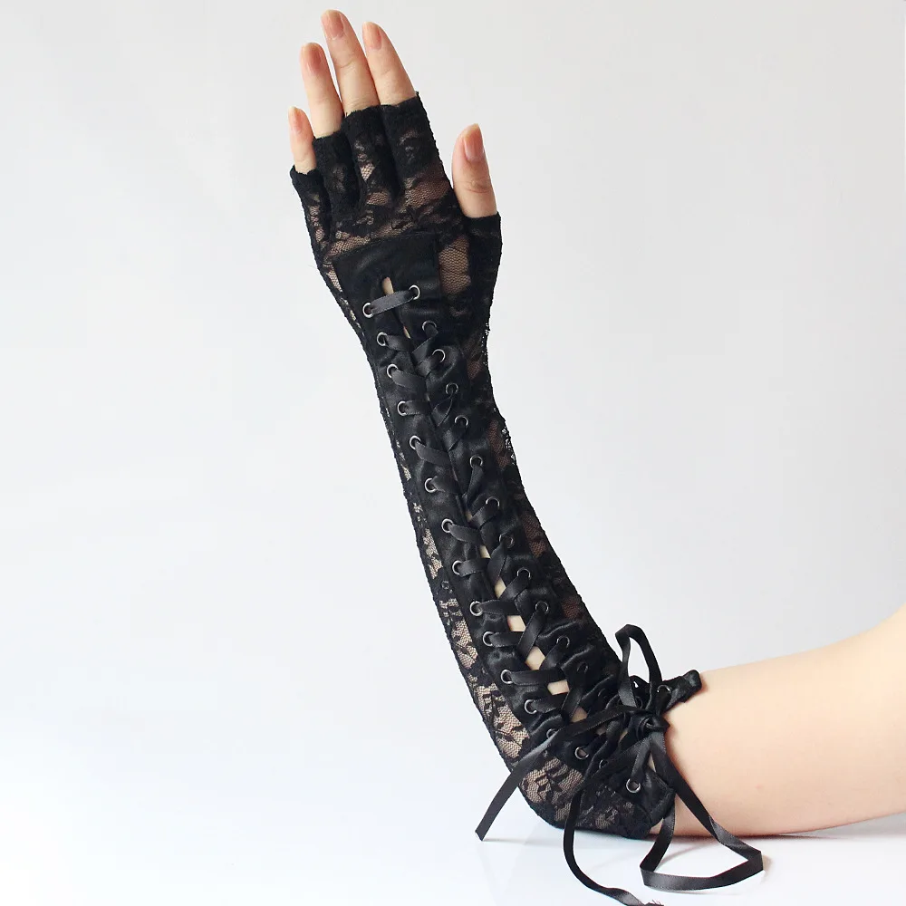 Guantes sexis de encaje Floral hasta el codo para mujer, guantes de medio dedo, cinta de hilo negro, atados para fiesta de baile, mitones de rejilla sin dedos
