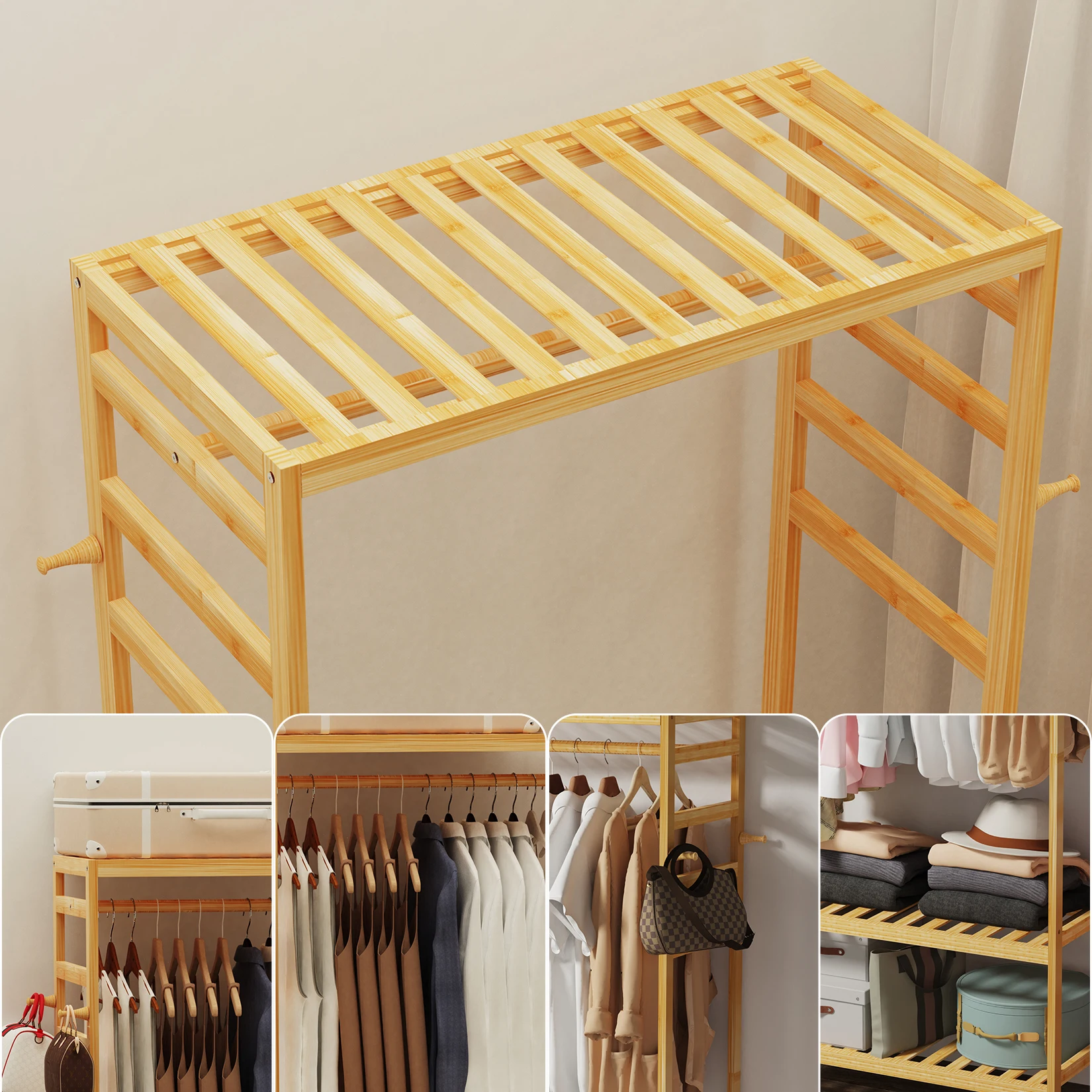Rolling Clothes Rack Bamboo Open Wardrobe Coat and Shoe Rack with 1 Bar and 4 Hooks