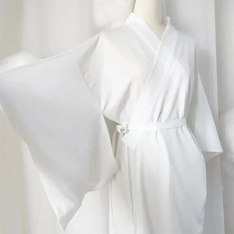 Quimono japonês tradicional branco com cinto, mangas compridas, forro yukata, pijama para férias, spa, hospital, entrega e academia