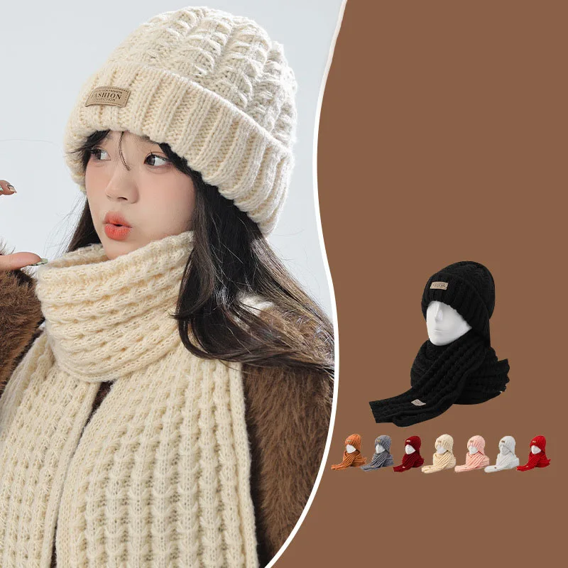 Gorro de punto, bufanda, traje de dos piezas, protector de cuello cálido de invierno para mujer, cara que muestra la cara, gorro salvaje pequeño