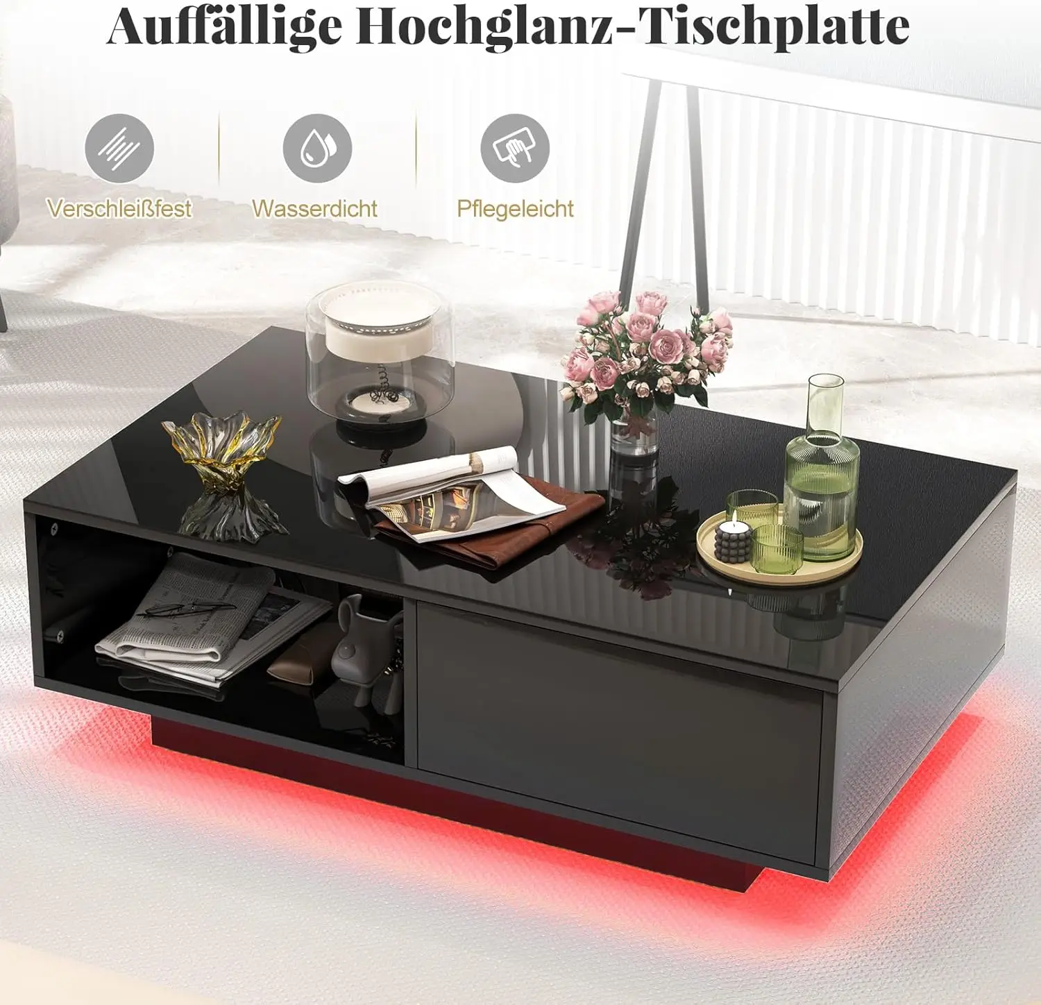 Couchtisch mit LED-Lighting, Kaffeetisch mit offenem Ablage & Schublade, Sofa Table mit Fernbedienung, Wohnzimmer, Gesellscha