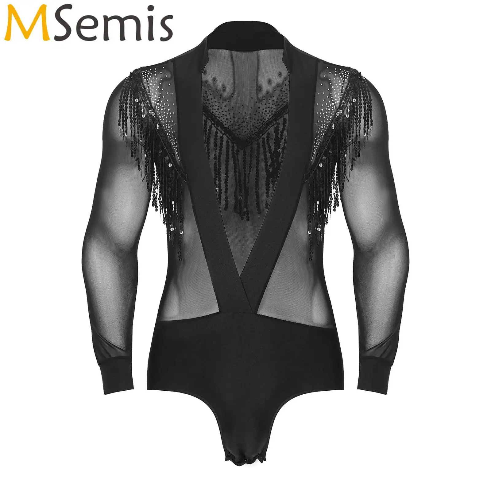 Body masculino com strass, camisa, malha transparente, lantejoulas, borlas, decote em v profundo, tango latino, dança, collant, fantasia de performance