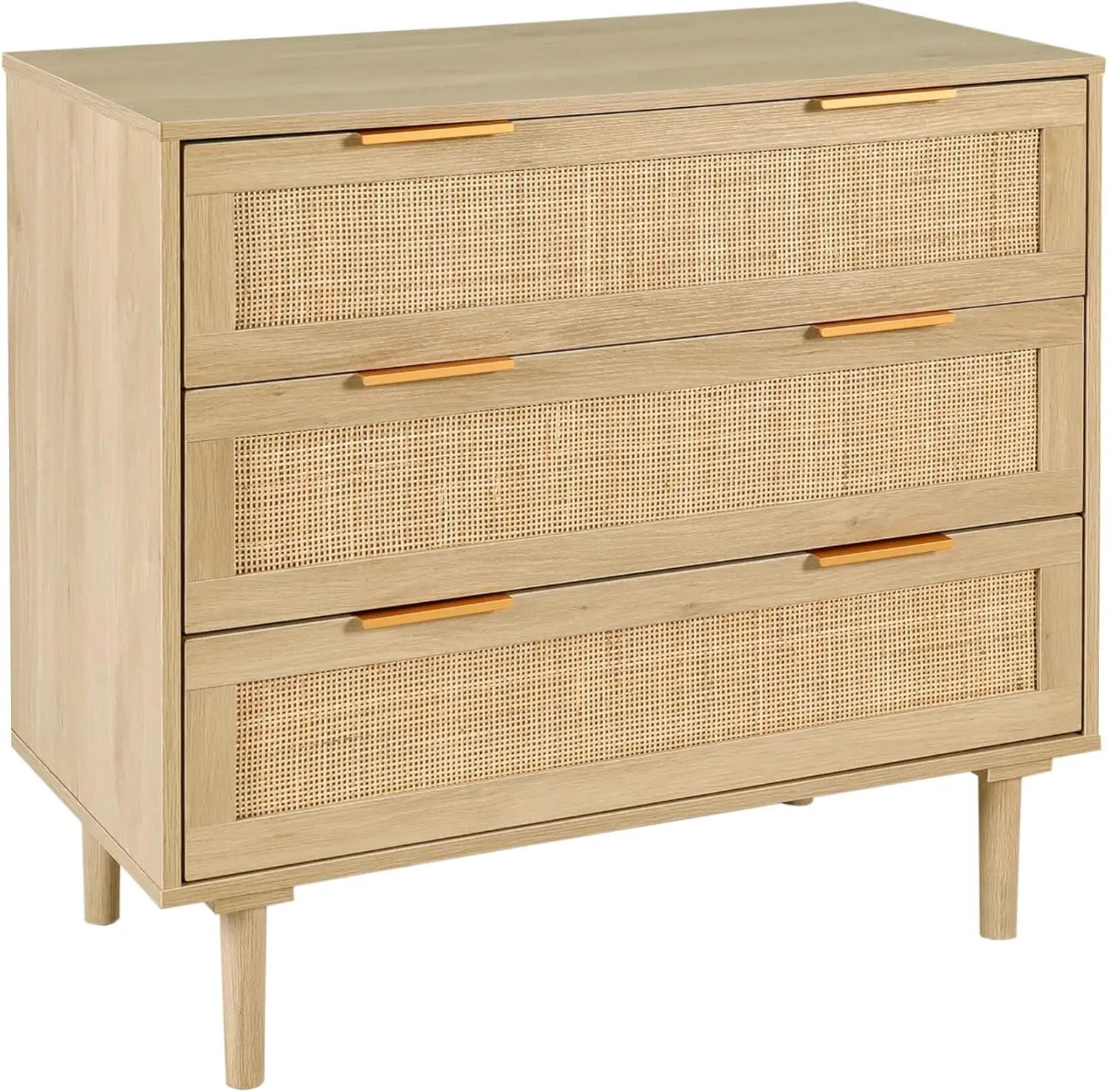 3 Drawer Dresser for Bedroom, Rattan Modern Closet Dressers Chest of Drawers, Wood Oak Storage Chest for Kids Bedroom, H