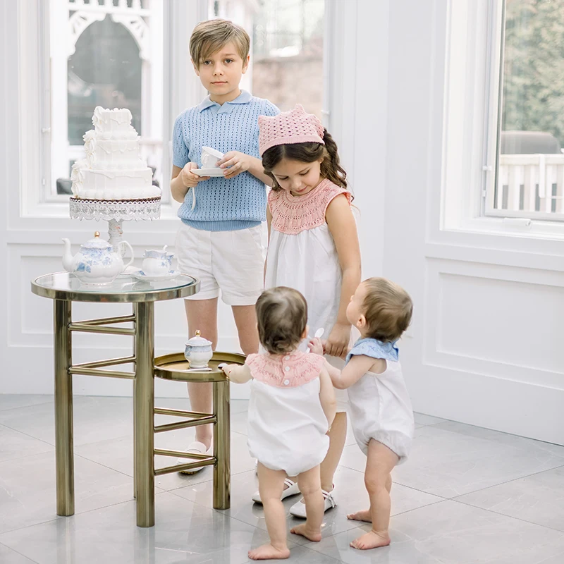 Ali Plus SS25 boys blue knit Shabbos romper toddler set and boys top and pants Girls pink knit dress and romper