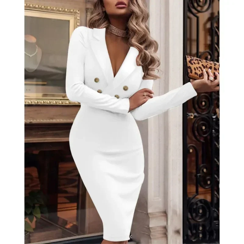Primavera Verano 2024 nuevo traje de negocios y vestido de mujer sólido con cuello en V vestido doble botonadura mujeres de manga larga vestido elegante ajustado