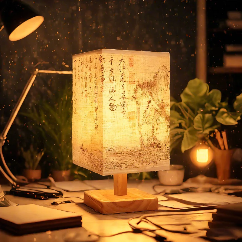 Lampade da tavolo con decorazione a LED Semplice presa dimmerabile Luce notturna Paralume in tessuto Camera da letto quadrata Luci da scrivania da comodino in stile cinese