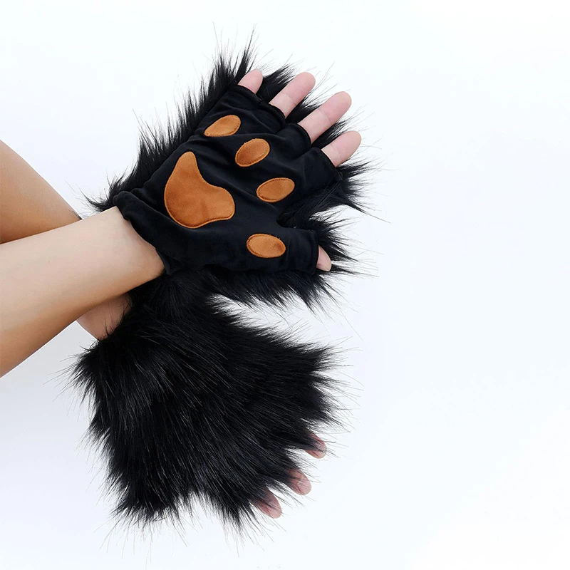 3pcs Fluffy Fur Fox Tail Keychain Cat Paws Gloves and Wolf Therian Mask Set for Halloween Cosplay Costume Accessories