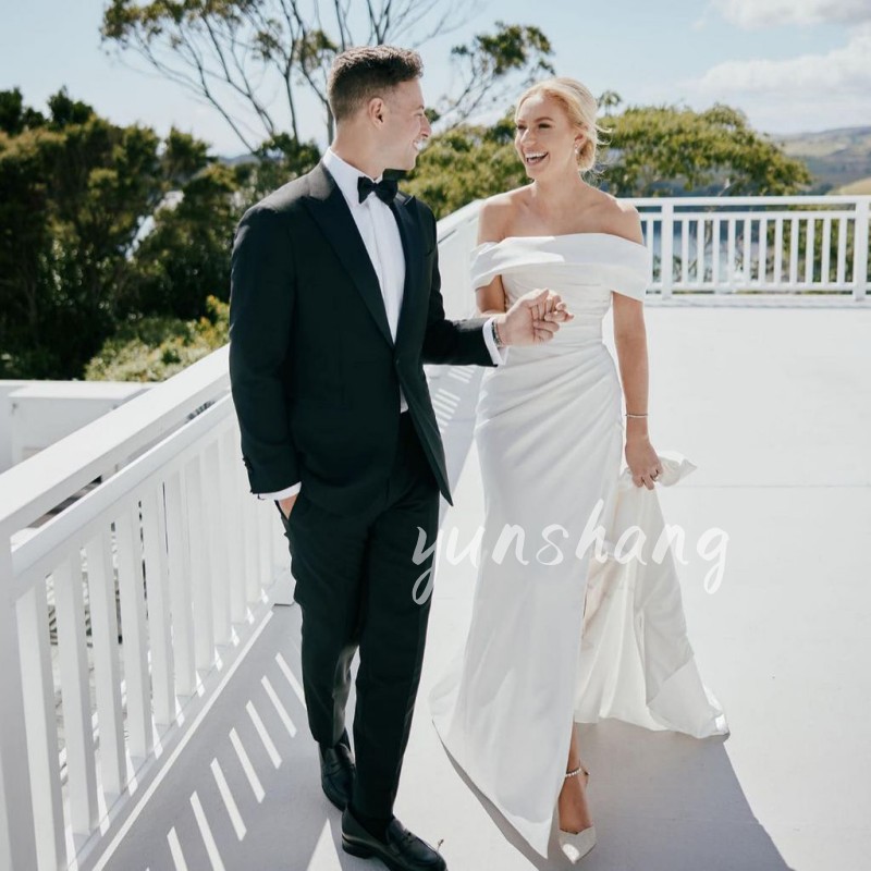 Yunshang Elegante Meerjungfrau Brautkleider Weiß Open Back Weg Von Der Schulter Satin Split Brautkleider Vestido De Novia Angepasst