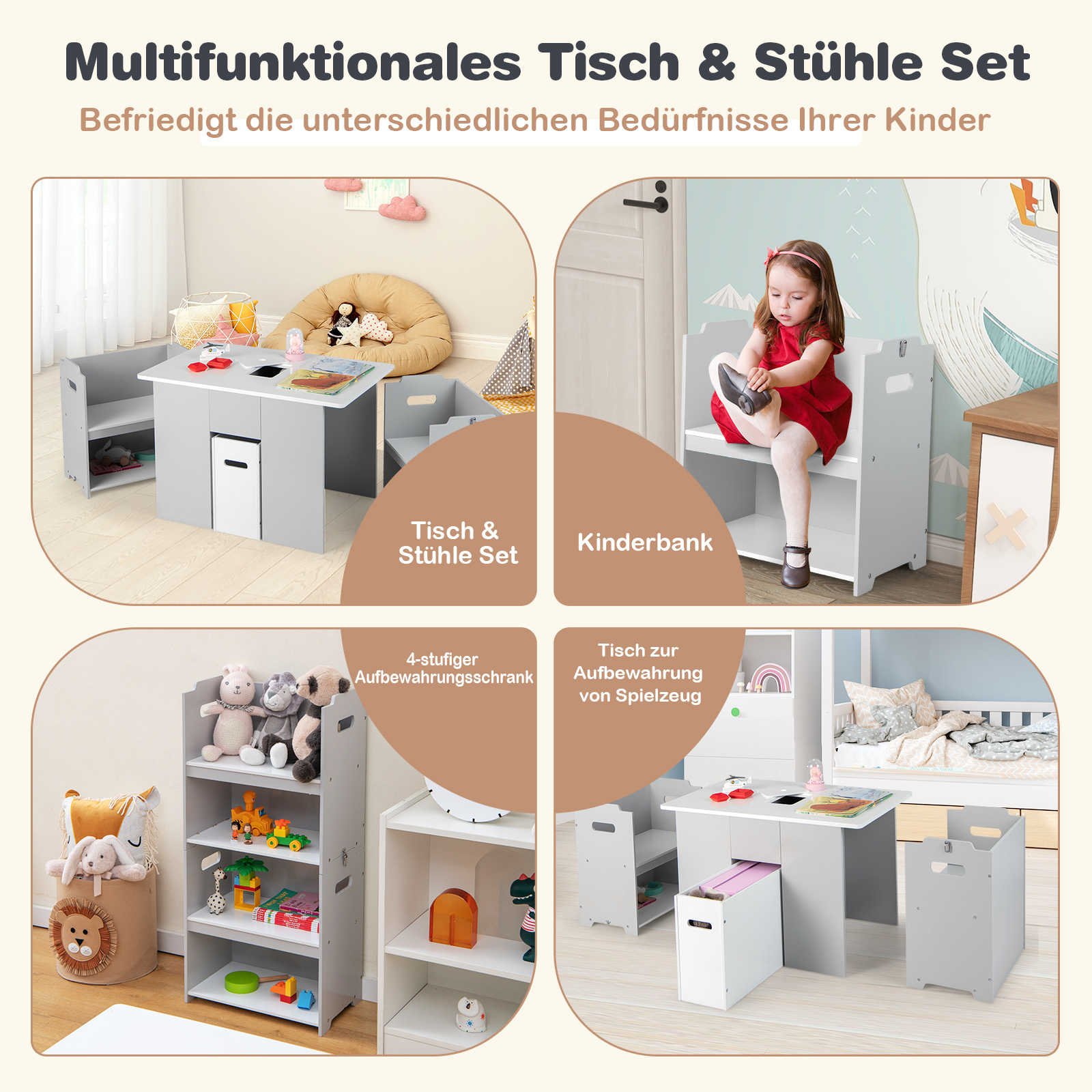 3 TLG. Kindersitzgruppe, Kindertisch mit 2 Stühlen, 4 in 1 Aktivitätstisch mit Stauraum & abnehmbarem Deckel, multifunktionale